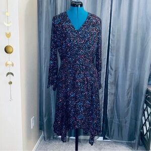 Parker silk floral long sleeve midi fairy hem dress black multi color